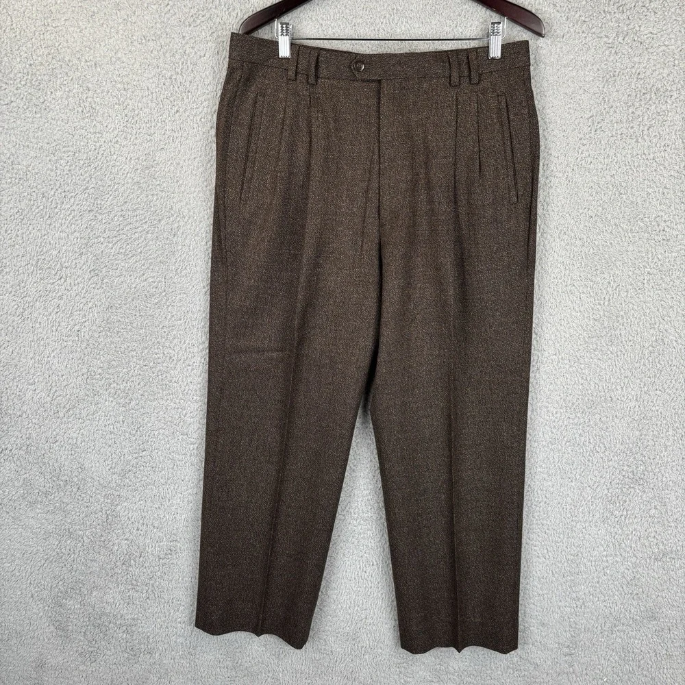 St Croix Dress Pants Mens 35x28 Brown Tweed Pleated Trousers Cashmere Wool Italy